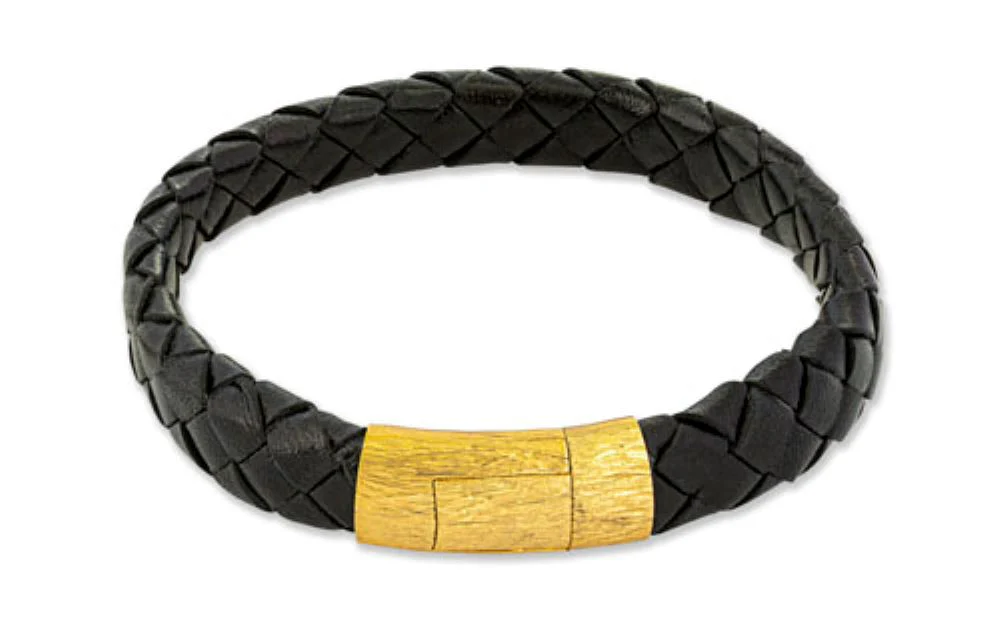 Black Yellow Gold Plated Leather Graffiato Bracelet