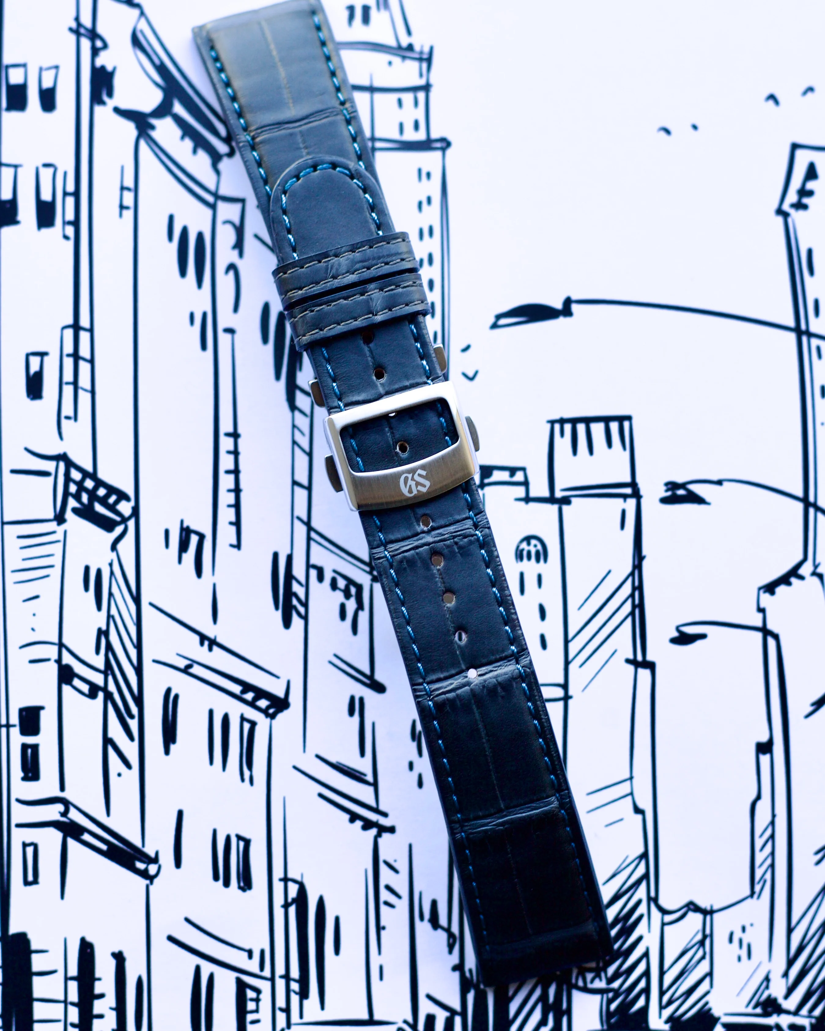 Grand Seiko Gray with Blue stitching Crocodile Strap 21mm x 18mm